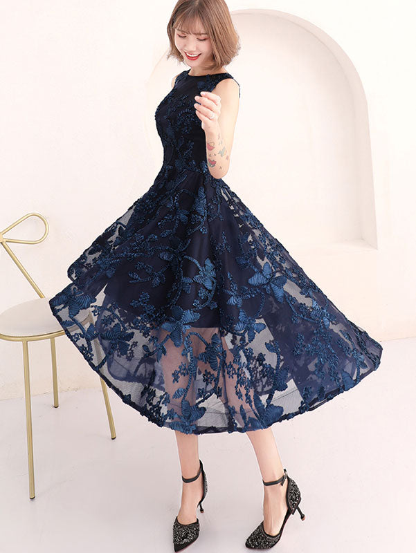 Blue Jacquard High Low Fit & Flare Party Dress