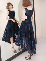 Blue Jacquard High Low Fit & Flare Party Dress