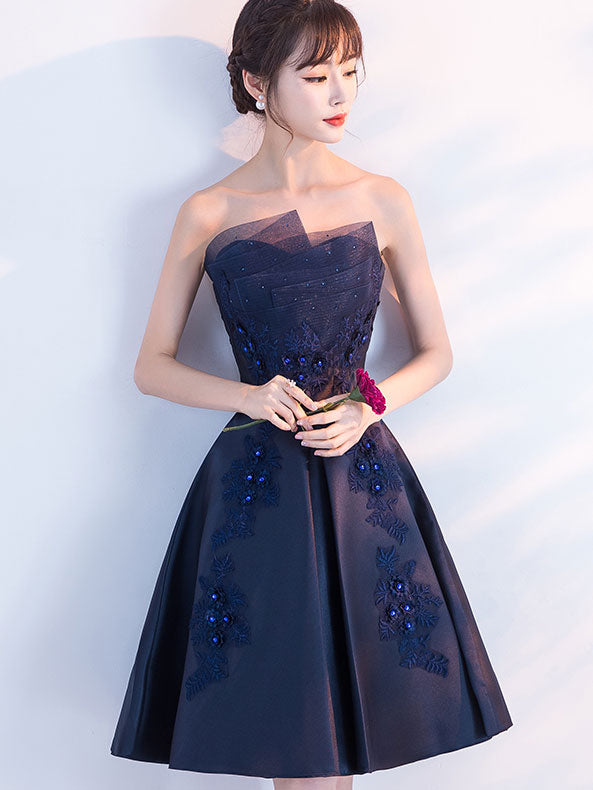 Blue Ruched Bandeau Appliques A-Line Party Dress