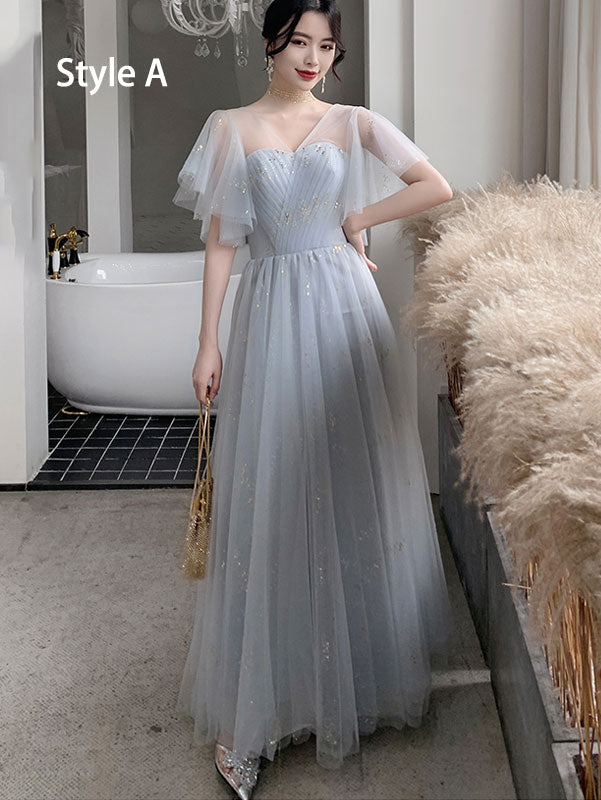 Shimmer Gray Bridesmaid Ankle Length Tulle Wedding Prom Dress