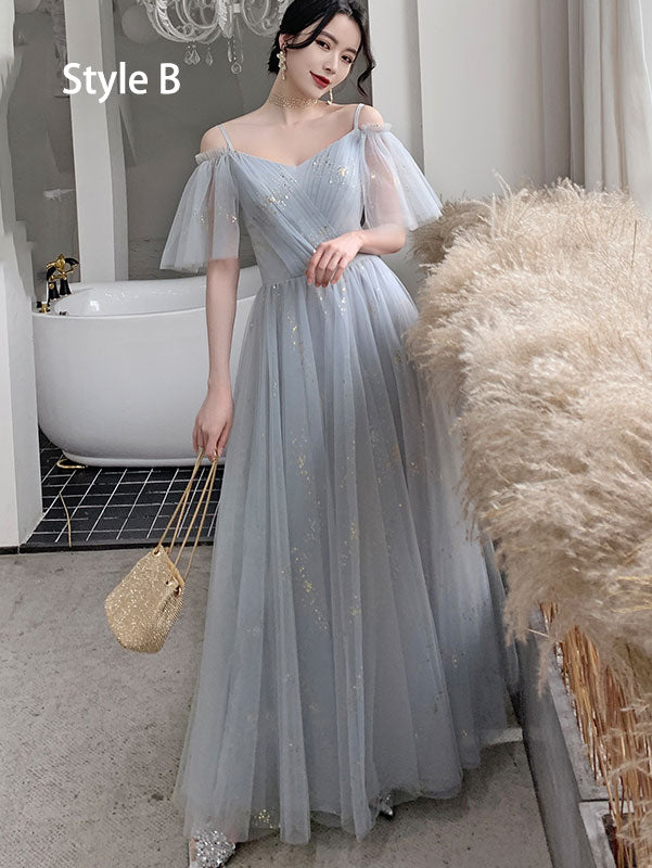Shimmer Gray Bridesmaid Ankle Length Tulle Wedding Prom Dress