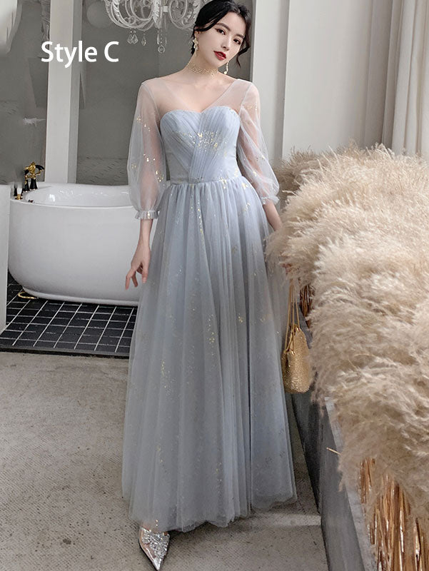 Shimmer Gray Bridesmaid Ankle Length Tulle Wedding Prom Dress