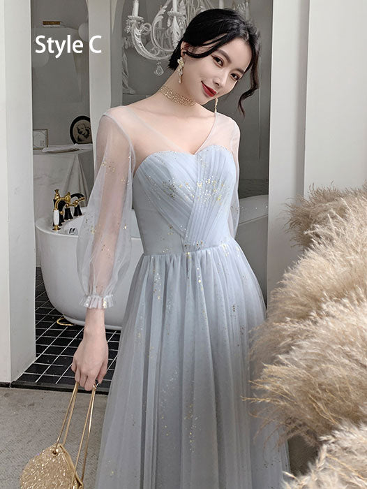 Shimmer Gray Bridesmaid Ankle Length Tulle Wedding Prom Dress