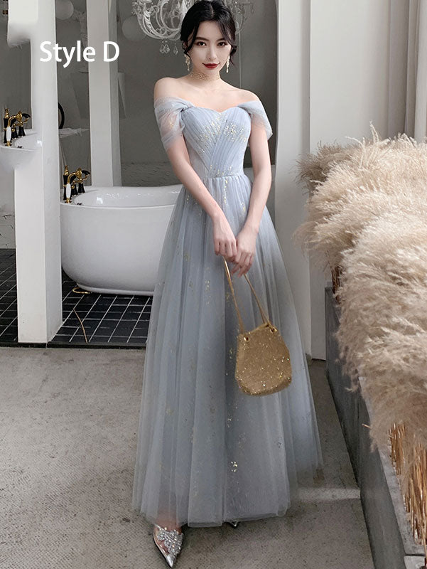 Shimmer Gray Bridesmaid Ankle Length Tulle Wedding Prom Dress