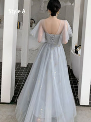 Shimmer Gray Bridesmaid Ankle Length Tulle Wedding Prom Dress
