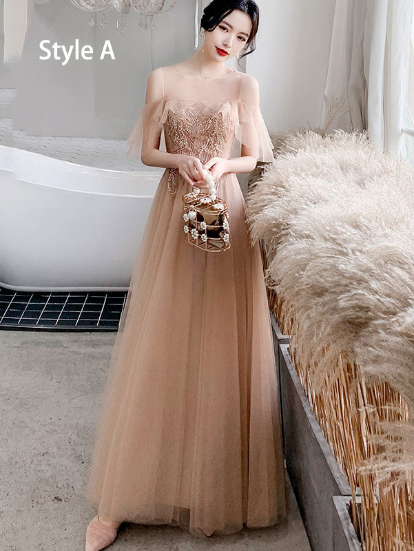 Coffee Ankle Length Tulle Bridesmaid Wedding Prom Dress