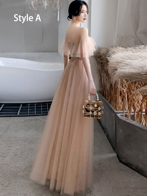 Coffee Ankle Length Tulle Bridesmaid Wedding Prom Dress