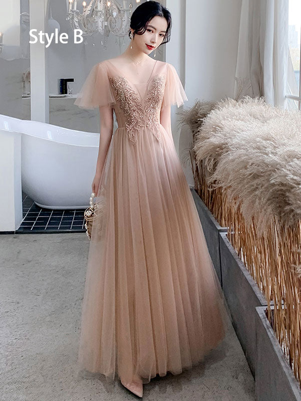 Coffee Ankle Length Tulle Bridesmaid Wedding Prom Dress