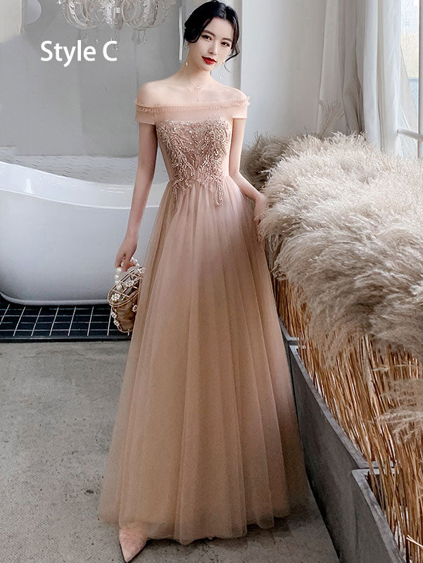Coffee Ankle Length Tulle Bridesmaid Wedding Prom Dress