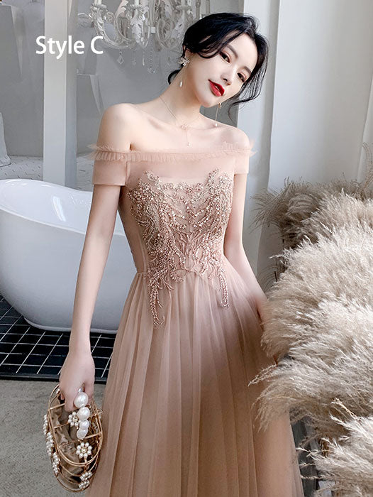 Coffee Ankle Length Tulle Bridesmaid Wedding Prom Dress