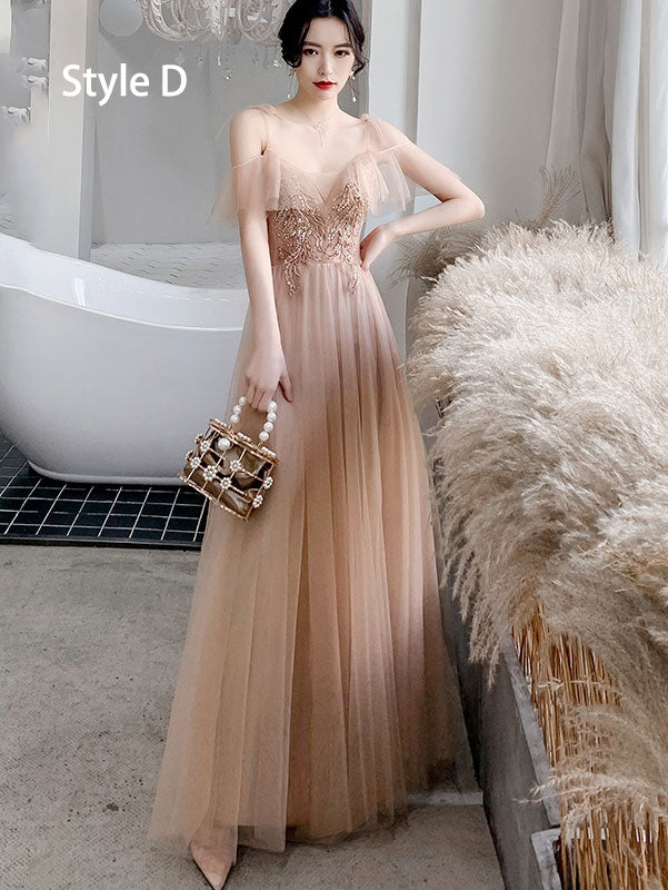 Coffee Ankle Length Tulle Bridesmaid Wedding Prom Dress