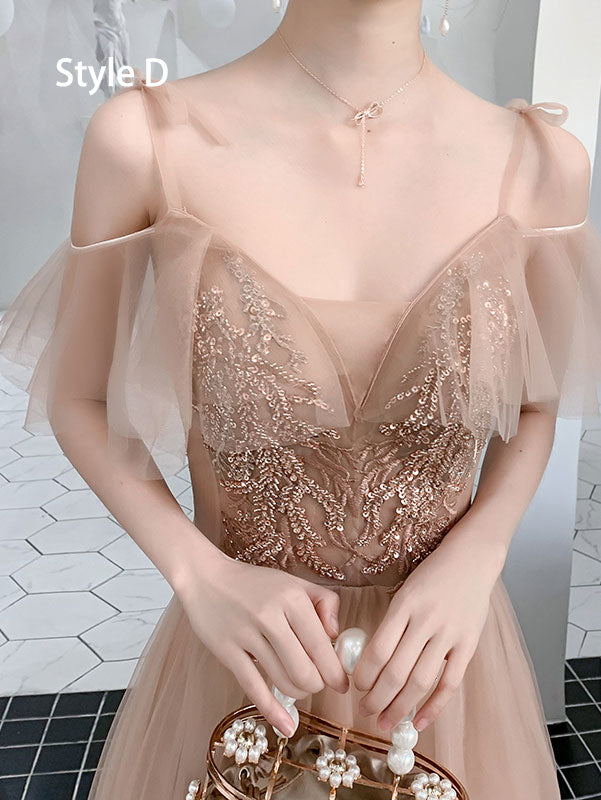 Coffee Ankle Length Tulle Bridesmaid Wedding Prom Dress