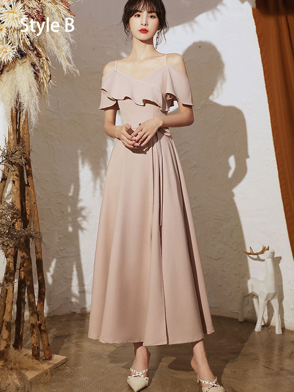 Pink Bridesmaid Ankle Length Belt Wedding Prom Dress