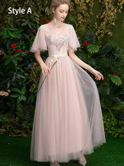 Pink Ankle Length Tulle Bridesmaid Wedding Prom Dress
