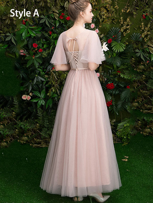 Pink Ankle Length Tulle Bridesmaid Wedding Prom Dress