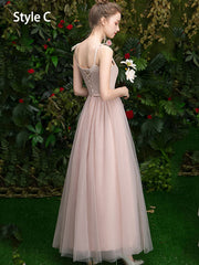 Pink Ankle Length Tulle Bridesmaid Wedding Prom Dress