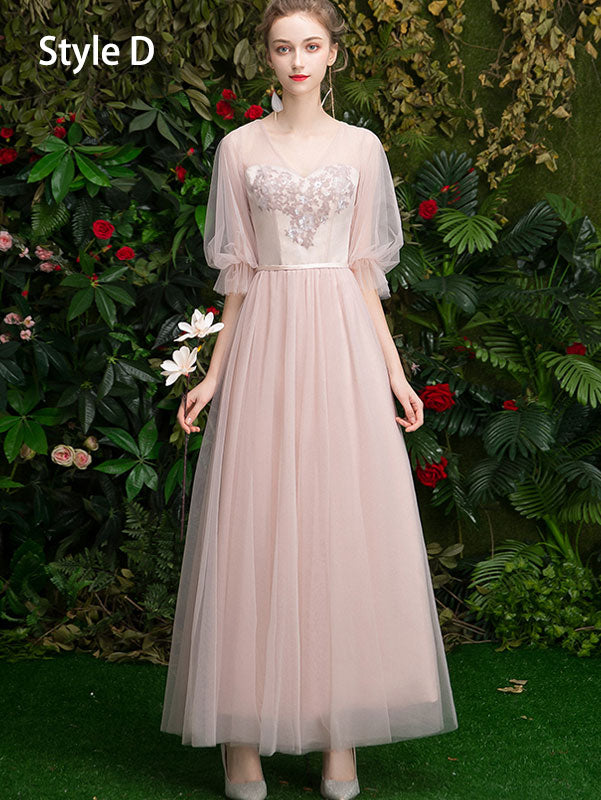 Pink Ankle Length Tulle Bridesmaid Wedding Prom Dress