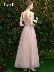 Pink Ankle Length Tulle Bridesmaid Wedding Prom Dress