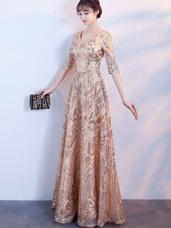Gold Sequined A-Line Full Length V-neck Prom Dress