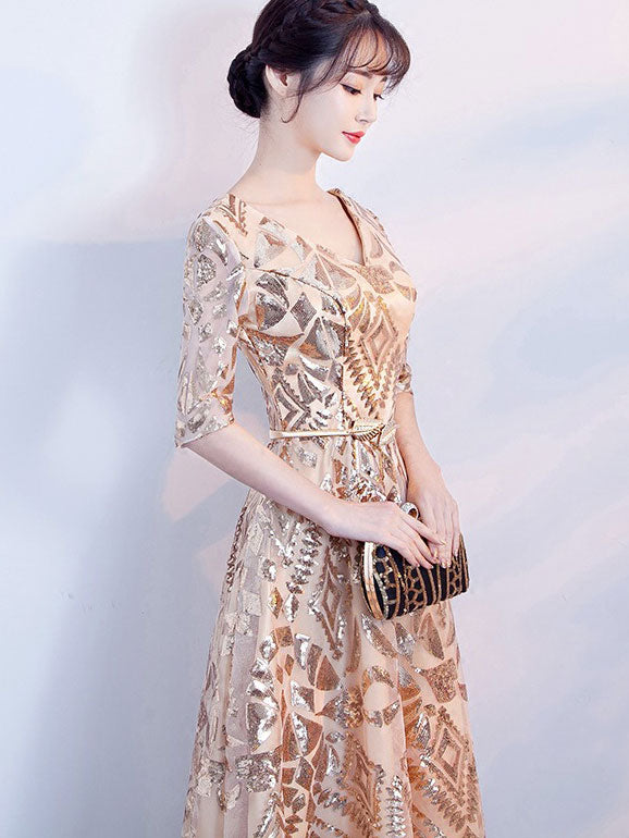 Gold Sequined A-Line Full Length V-neck Prom Dress