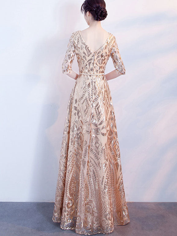 Gold Sequined A-Line Full Length V-neck Prom Dress