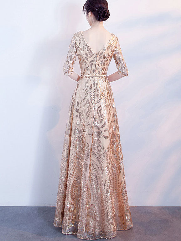 Gold Sequined A-Line Full Length V-neck Prom Dress