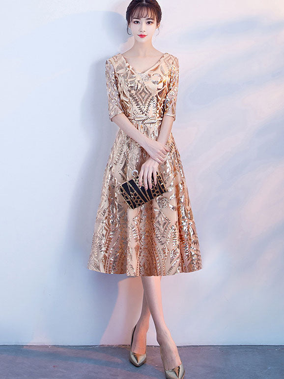 Gold Sequined A-Line Full Length V-neck Prom Dress