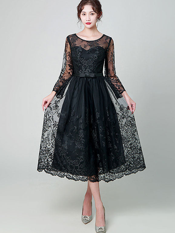 Black Illusion Floral Lace Overlay A-Line Dress
