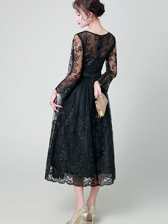 Black Illusion Floral Lace Overlay A-Line Dress