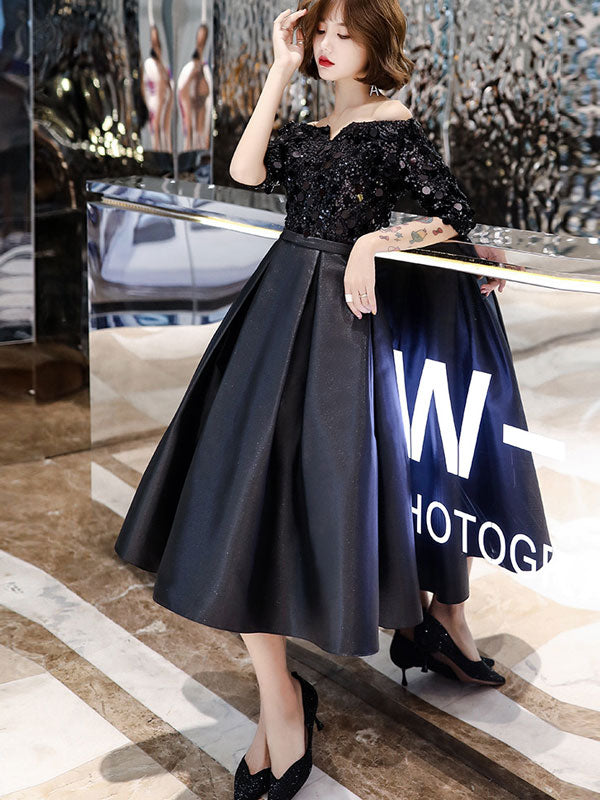 Black Sequined Fit & Flare Off-Shoulder Dress