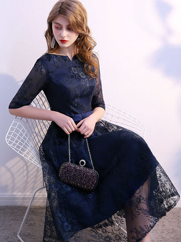 Blue Lace Overlay A-Line Mid Tea Dress