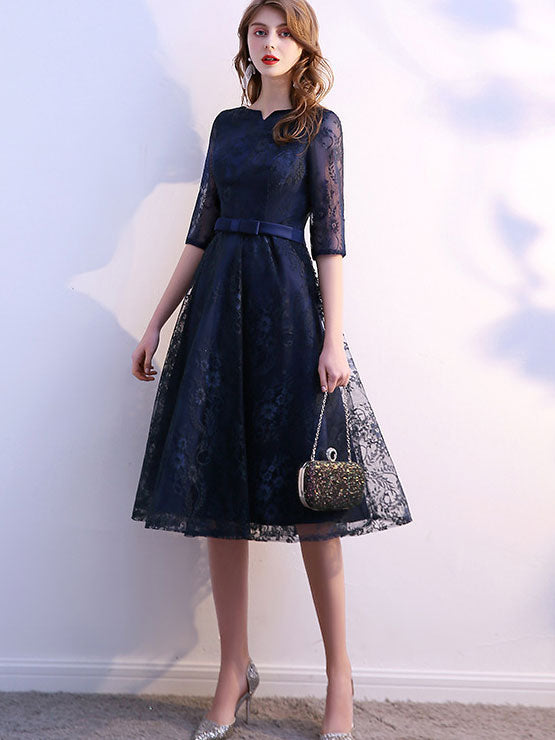 Blue Lace Overlay A-Line Mid Tea Dress