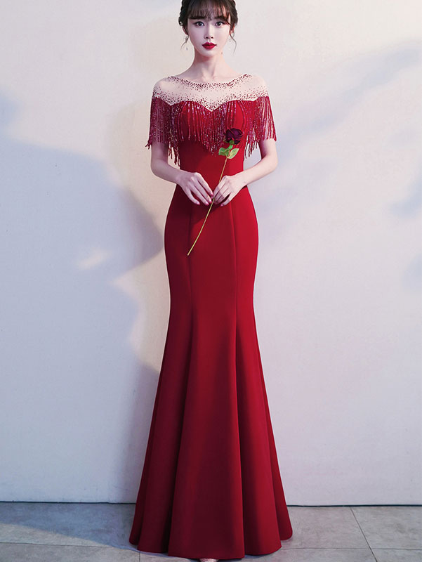 Red Black Beads Tassels Fishtail Formal Dress