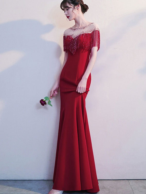 Red Black Beads Tassels Fishtail Formal Dress