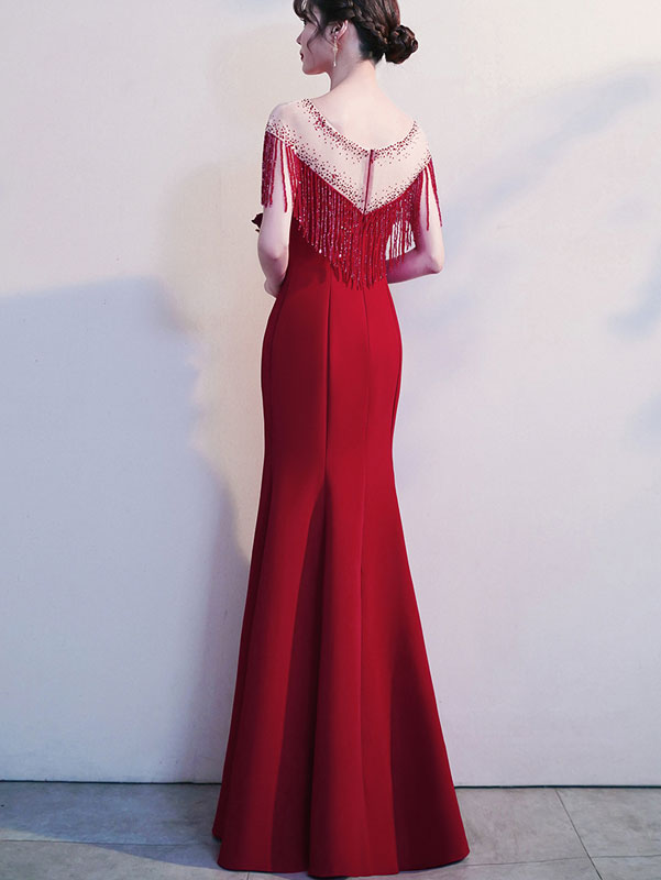 Red Black Beads Tassels Fishtail Formal Dress