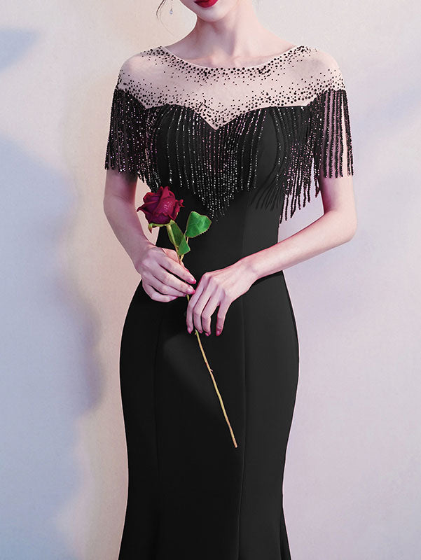 Red Black Beads Tassels Fishtail Formal Dress