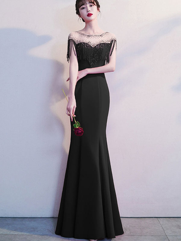 Red Black Beads Tassels Fishtail Formal Dress