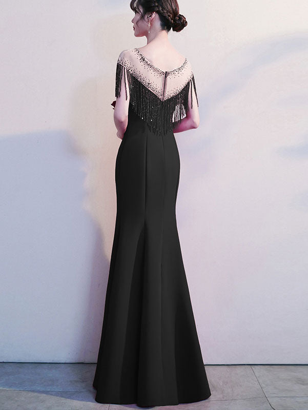Red Black Beads Tassels Fishtail Formal Dress