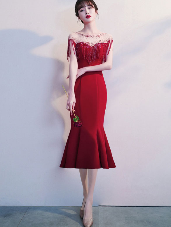 Red Black Beads Tassels Fishtail Formal Dress