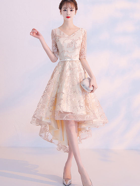 Beige Gray High Low V-neck Party Dress