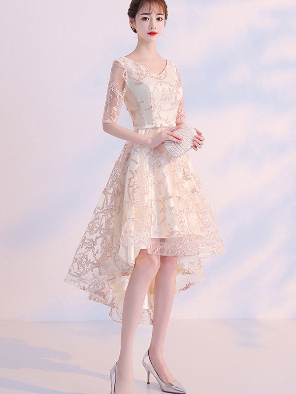 Beige Gray High Low V-neck Party Dress