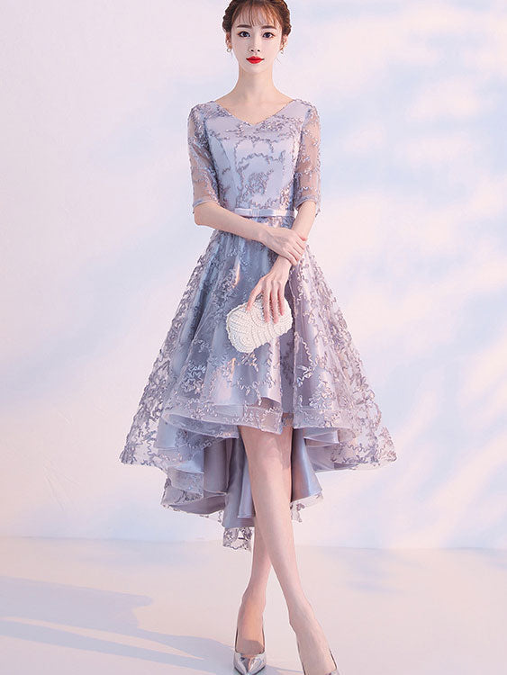 Beige Gray High Low V-neck Party Dress