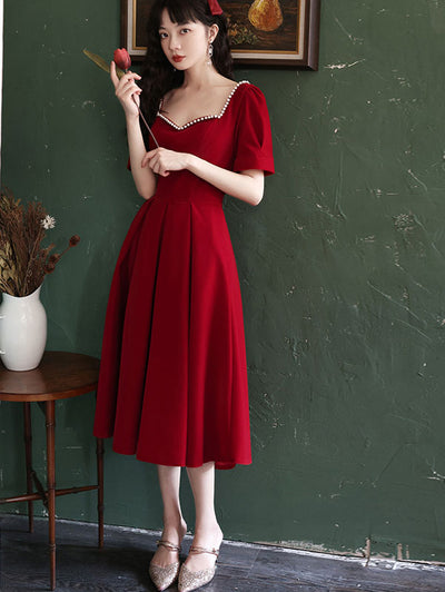 Red Beaded Sweetheart Fit & Flare Tea Dress