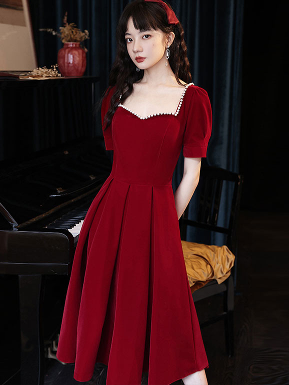 Red Beaded Sweetheart Fit & Flare Tea Dress