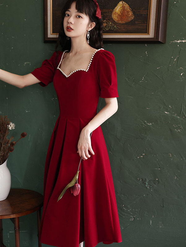 Red Beaded Sweetheart Fit & Flare Tea Dress