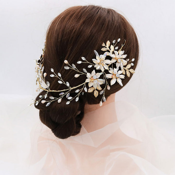 Gold Crystal Flower Leaf Bride Wedding Hair Vine Pin
