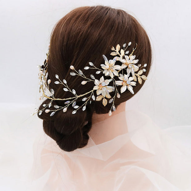 Gold Crystal Flower Leaf Bride Wedding Hair Vine Pin