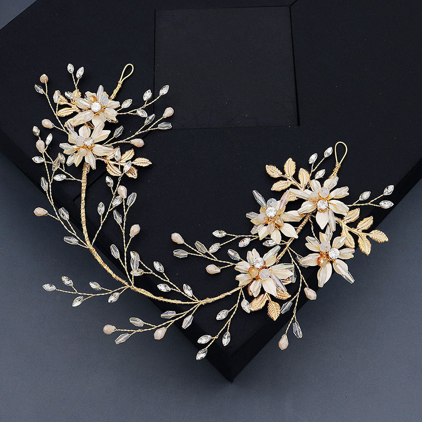 Gold Crystal Flower Leaf Bride Wedding Hair Vine Pin