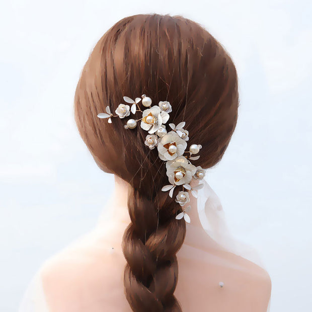 Bronze Pearls Flower Bride Wedding Hair Vine Comb