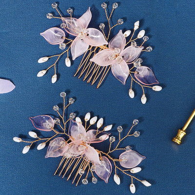 2 Pieces Pink Acrylic Flower Rhinestone Wedding Hair Combs